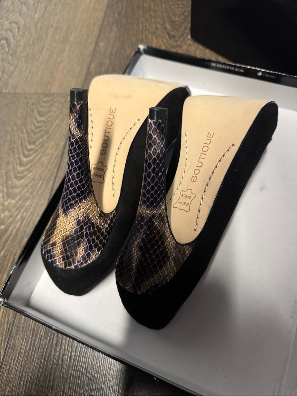 Boutique 9 Black Suede Peep-Toe Heels with Snakeskin Accent - Picture 5 of 6